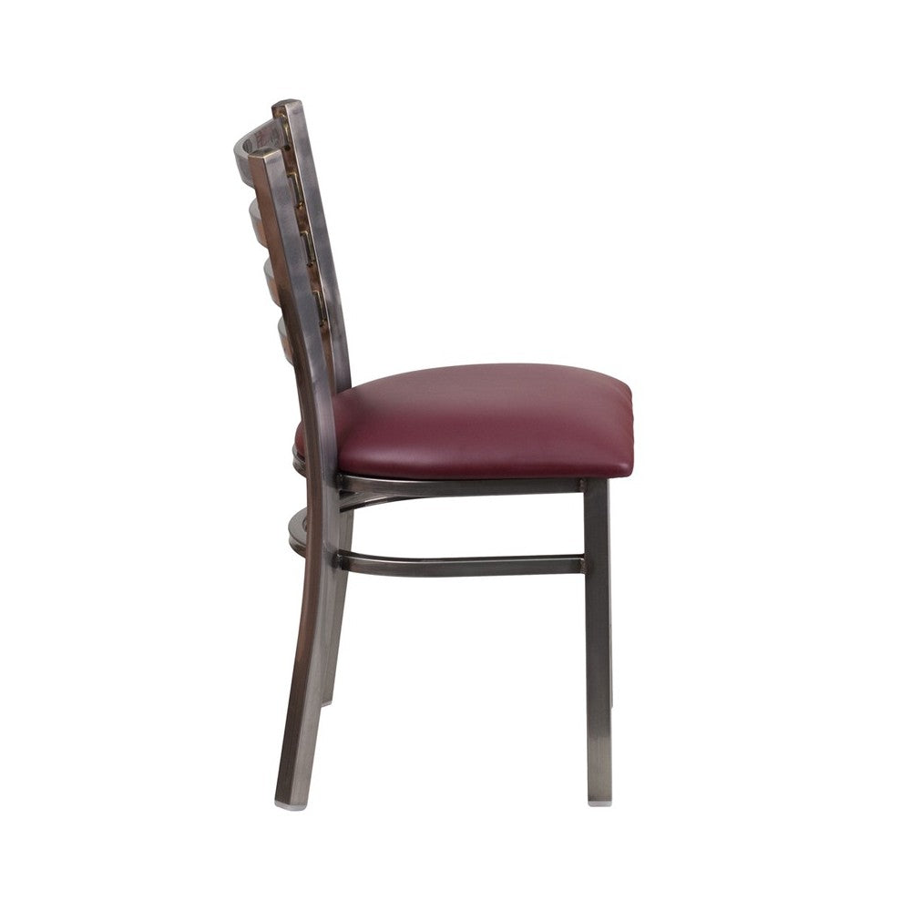 Clear Coated Ladder Back Metal Restaurant Chair - Burgundy Vinyl Seat