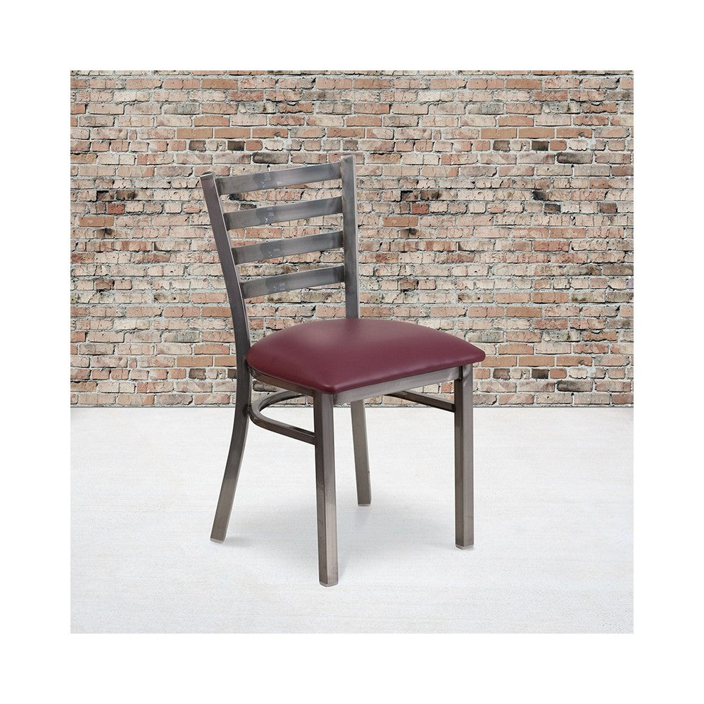 Clear Coated Ladder Back Metal Restaurant Chair - Burgundy Vinyl Seat