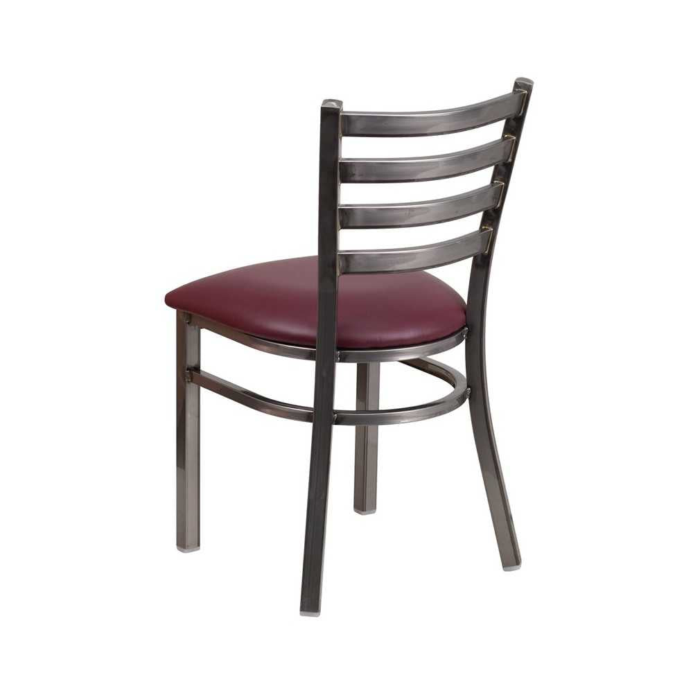 Clear Coated Ladder Back Metal Restaurant Chair - Burgundy Vinyl Seat