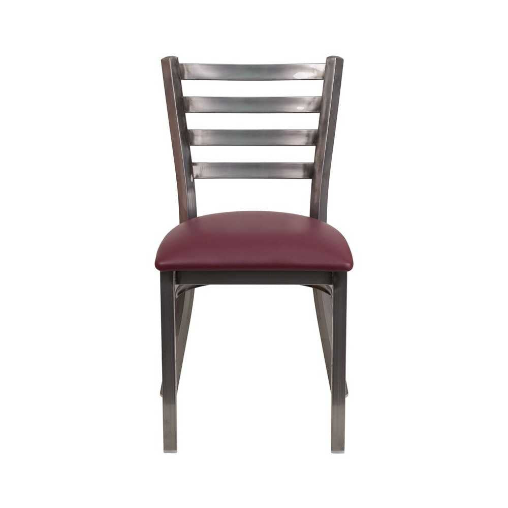 Clear Coated Ladder Back Metal Restaurant Chair - Burgundy Vinyl Seat