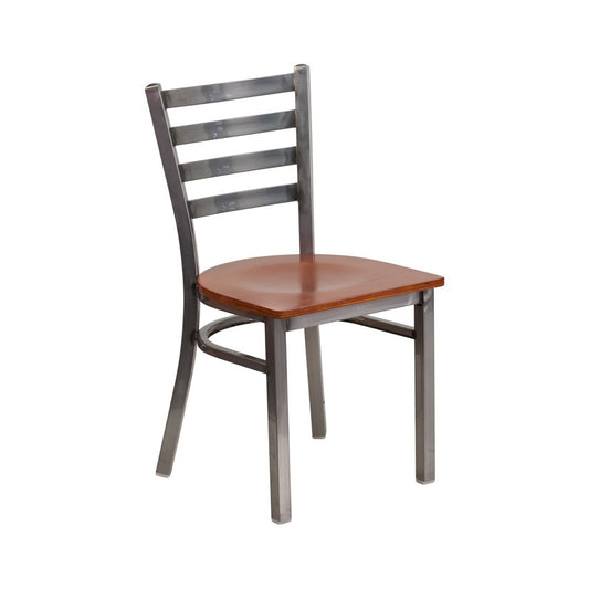 Clear Coated Ladder Back Metal Restaurant Chair - Cherry Wood Seat