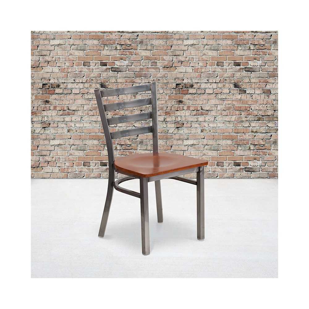 Clear Coated Ladder Back Metal Restaurant Chair - Cherry Wood Seat