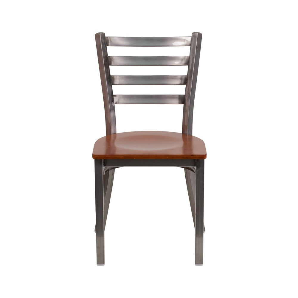 Clear Coated Ladder Back Metal Restaurant Chair - Cherry Wood Seat