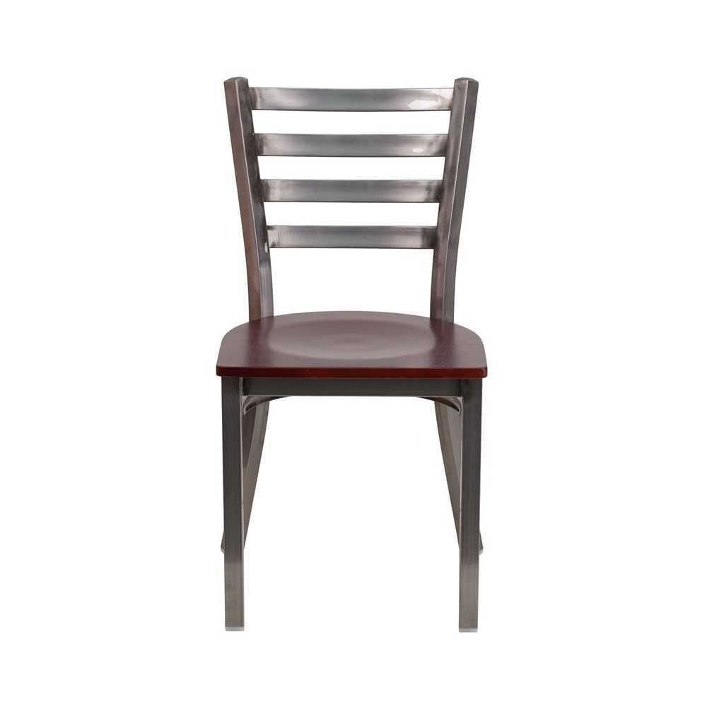 Clear Coated Ladder Back Metal Restaurant Chair - Mahogany Wood Seat