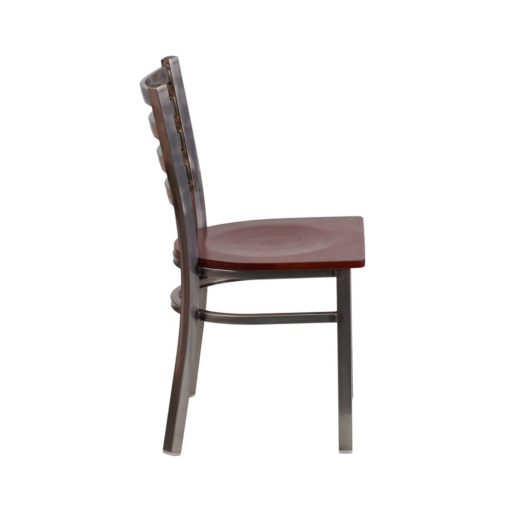 Clear Coated Ladder Back Metal Restaurant Chair - Mahogany Wood Seat