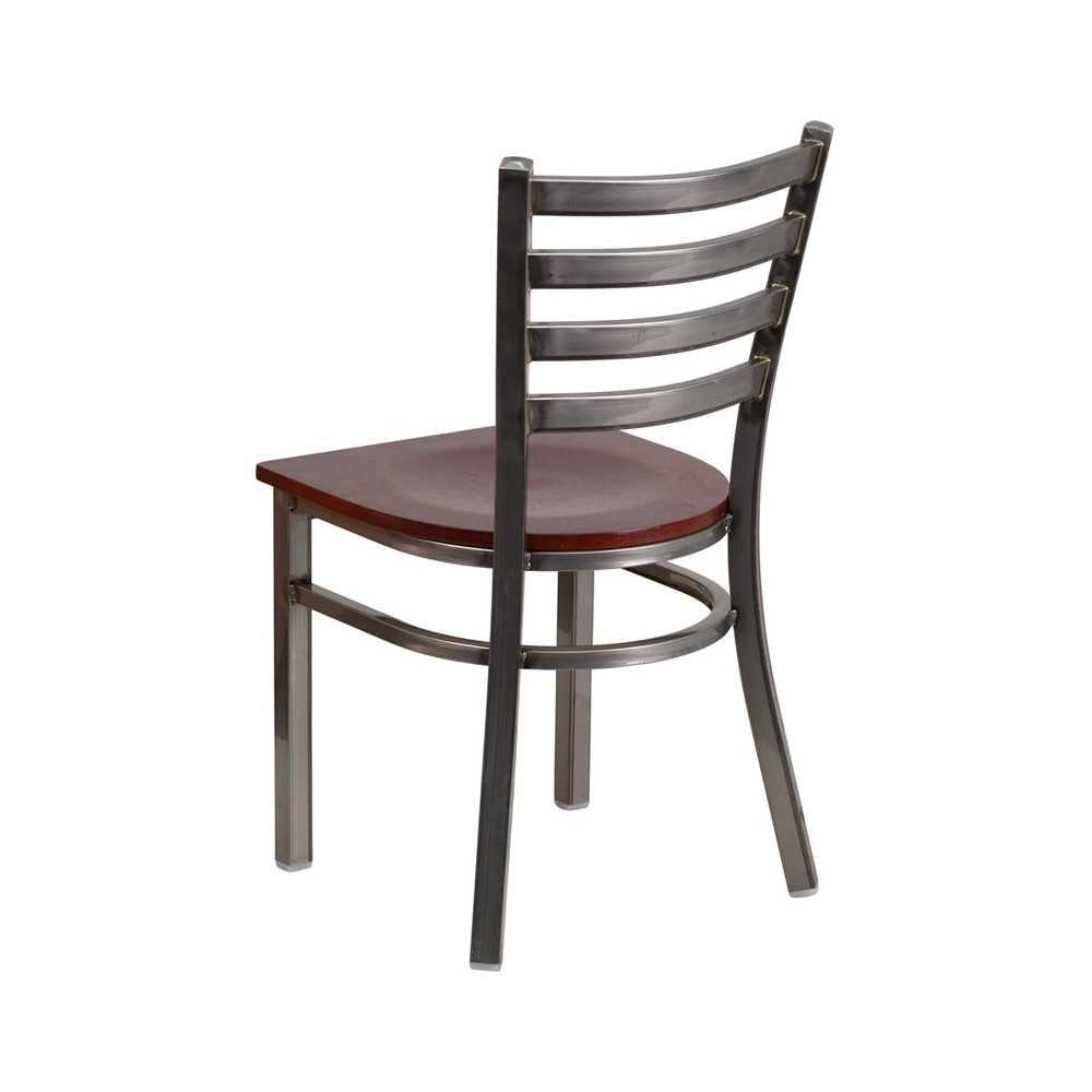 Clear Coated Ladder Back Metal Restaurant Chair - Mahogany Wood Seat