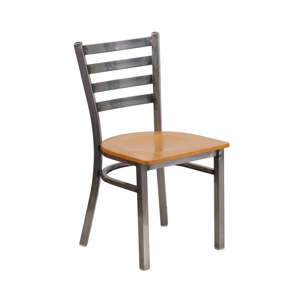 Clear Coated Ladder Back Metal Restaurant Chair - Natural Wood Seat