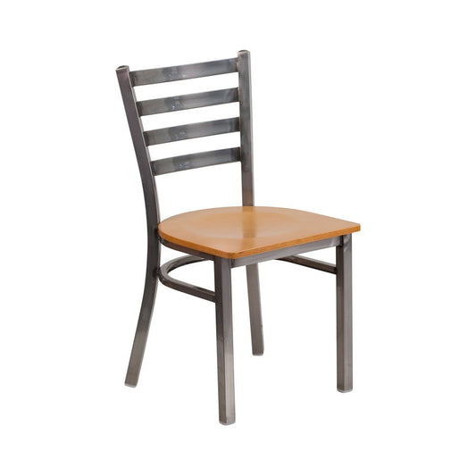 Clear Coated Ladder Back Metal Restaurant Chair - Natural Wood Seat