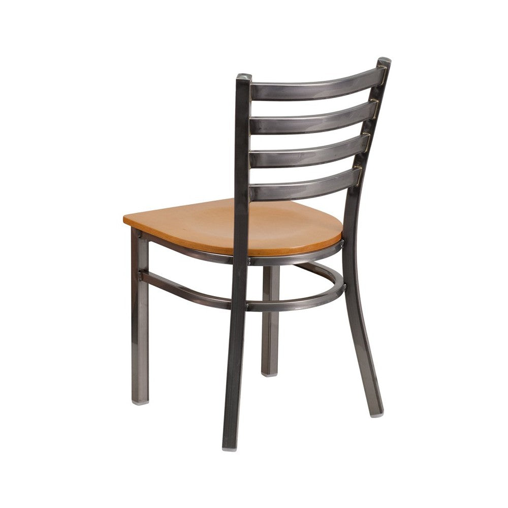 Clear Coated Ladder Back Metal Restaurant Chair - Natural Wood Seat