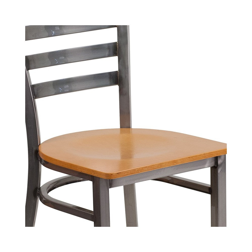 Clear Coated Ladder Back Metal Restaurant Chair - Natural Wood Seat