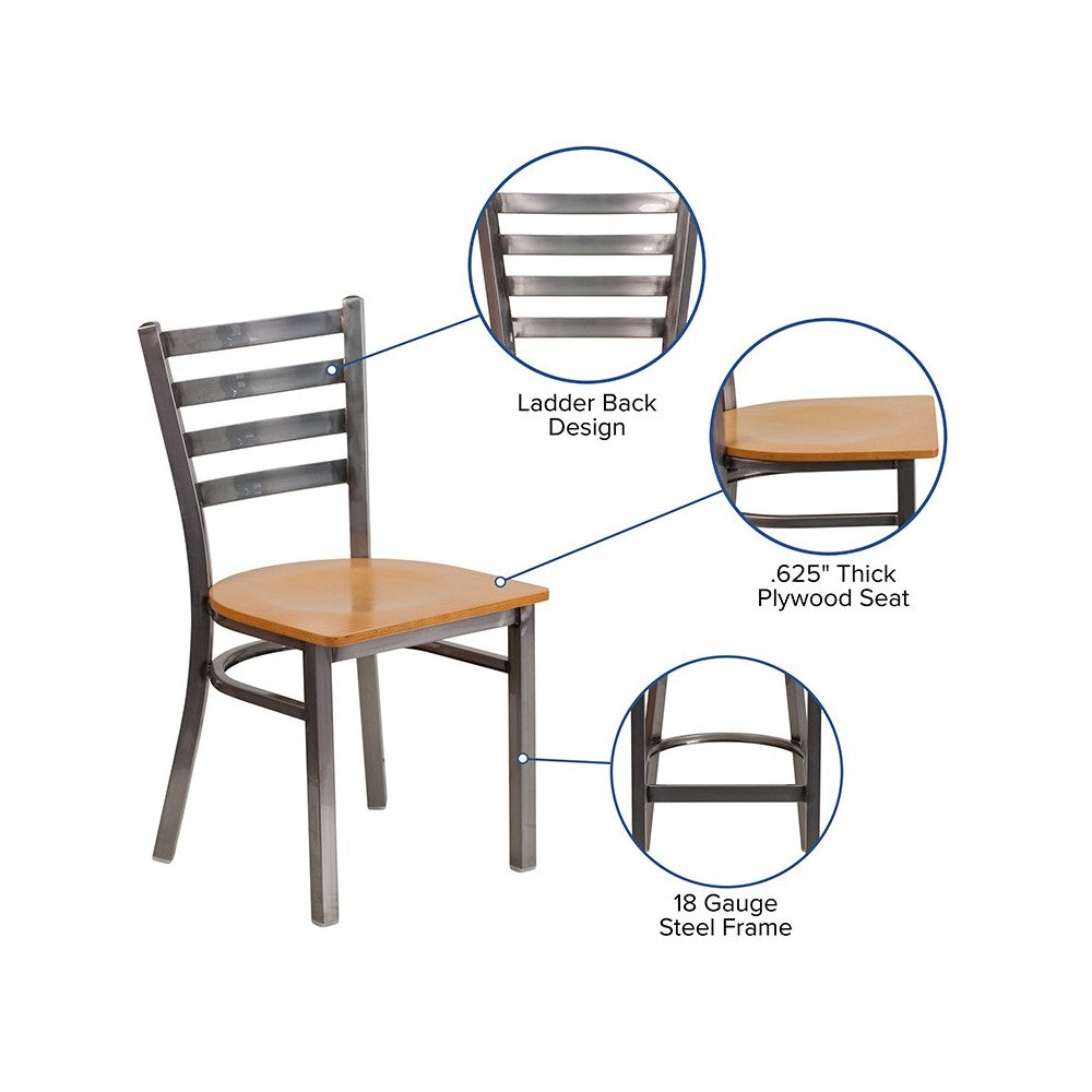 Clear Coated Ladder Back Metal Restaurant Chair - Natural Wood Seat