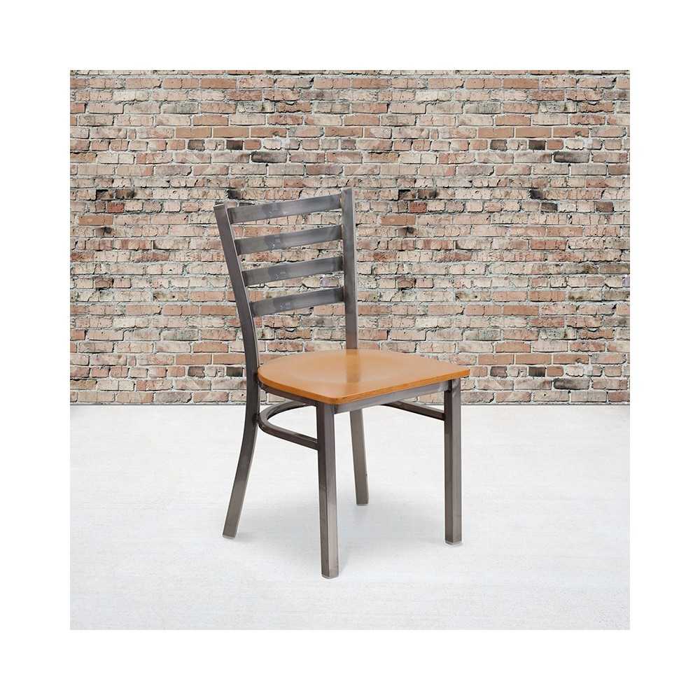 Clear Coated Ladder Back Metal Restaurant Chair - Natural Wood Seat