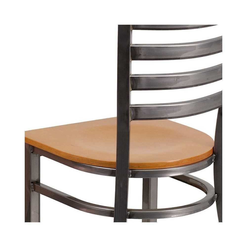 Clear Coated Ladder Back Metal Restaurant Chair - Natural Wood Seat