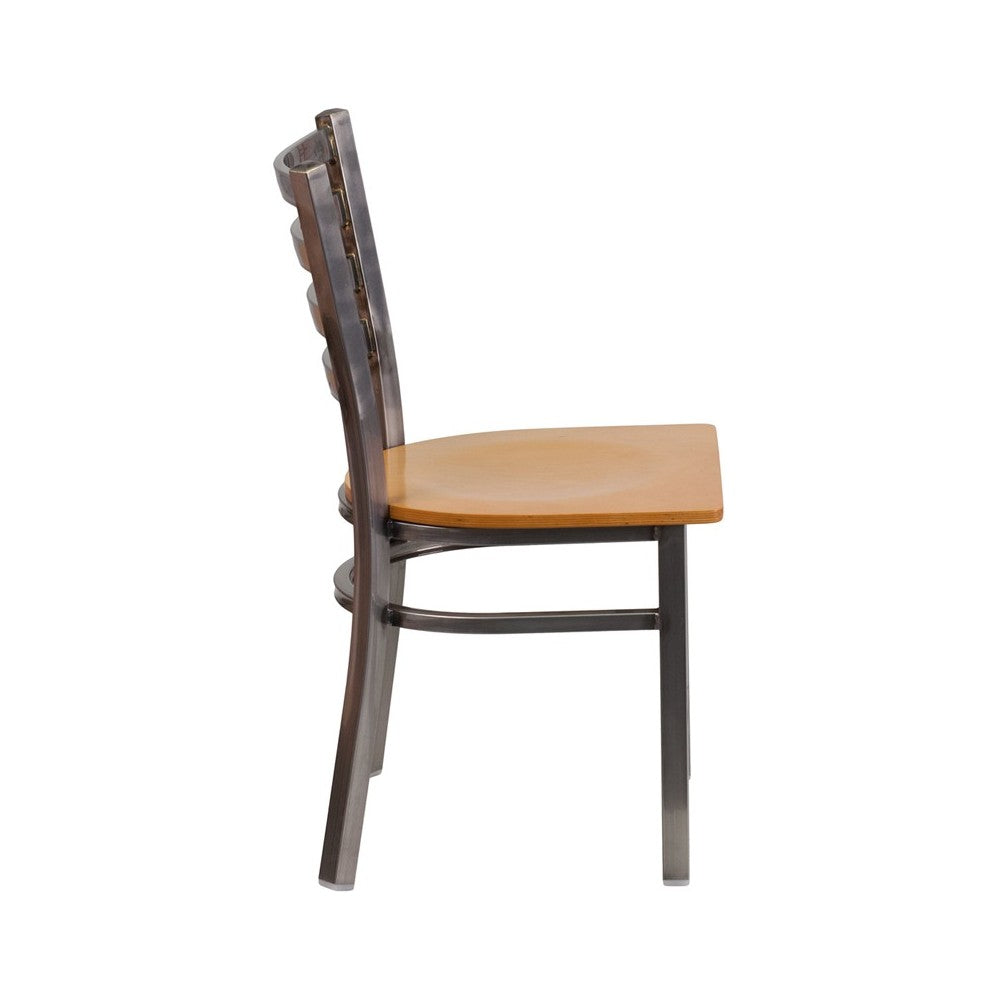 Clear Coated Ladder Back Metal Restaurant Chair - Natural Wood Seat