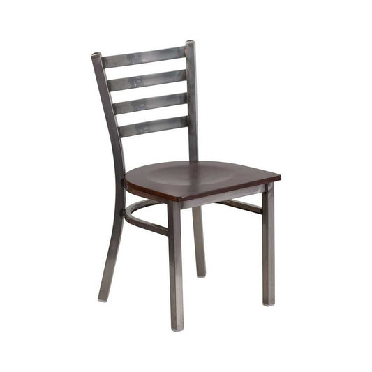 Clear Coated Ladder Back Metal Restaurant Chair - Walnut Wood Seat