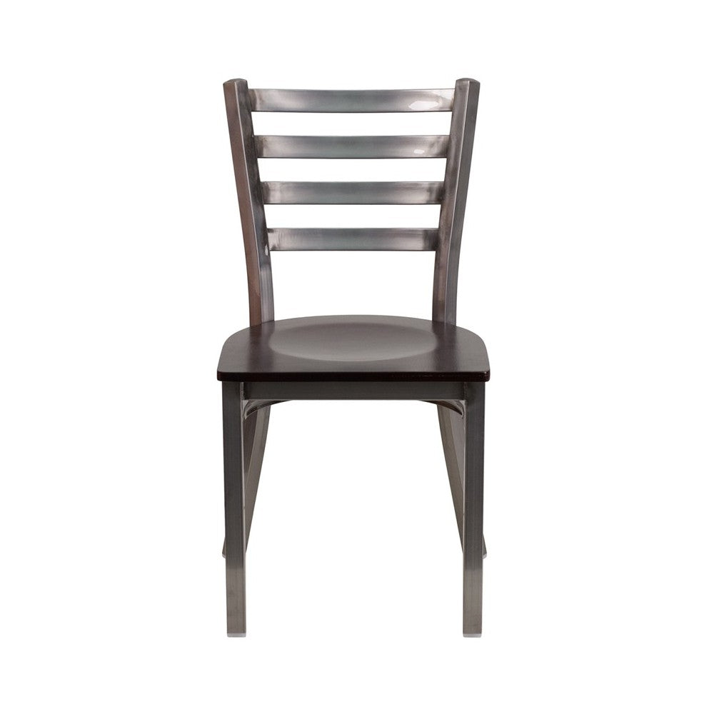 Clear Coated Ladder Back Metal Restaurant Chair - Walnut Wood Seat