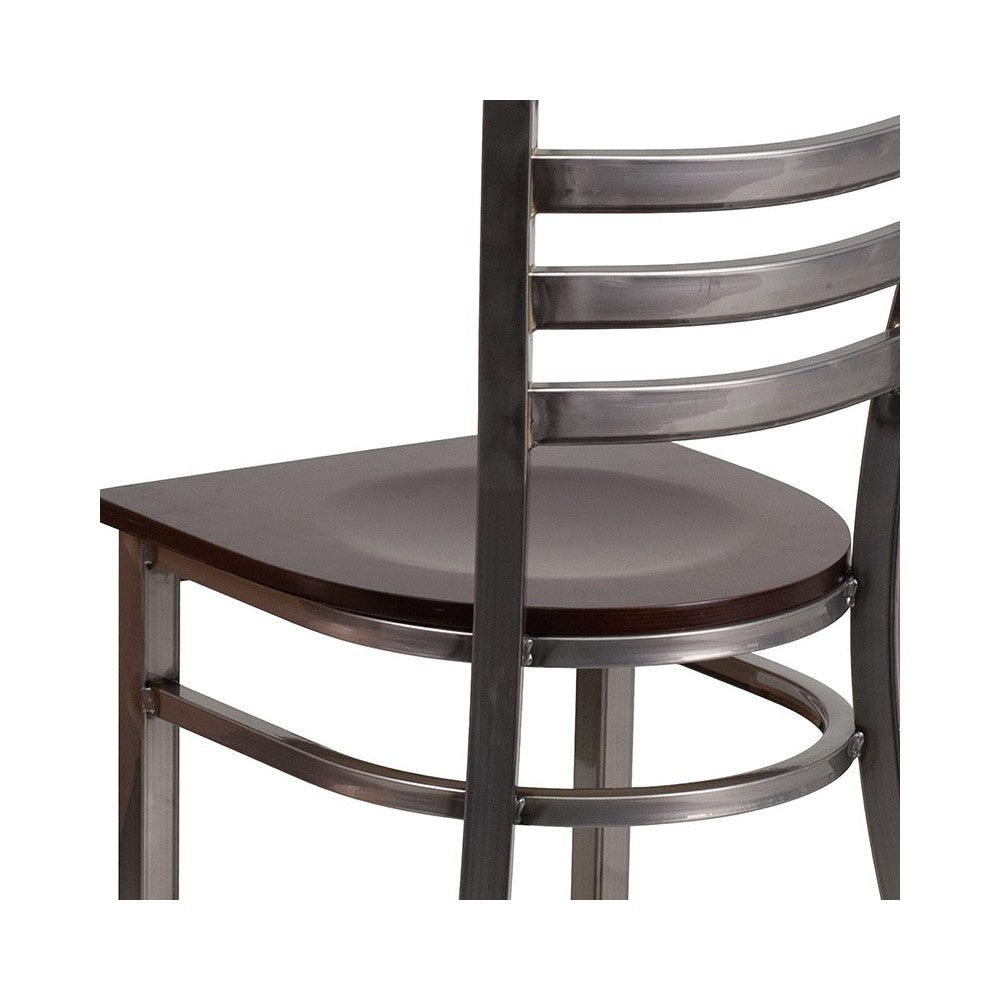 Clear Coated Ladder Back Metal Restaurant Chair - Walnut Wood Seat