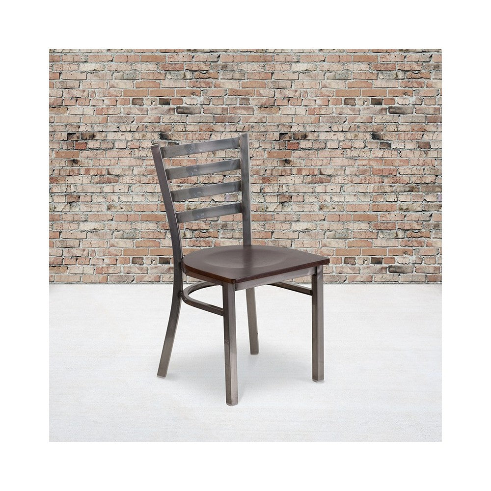 Clear Coated Ladder Back Metal Restaurant Chair - Walnut Wood Seat