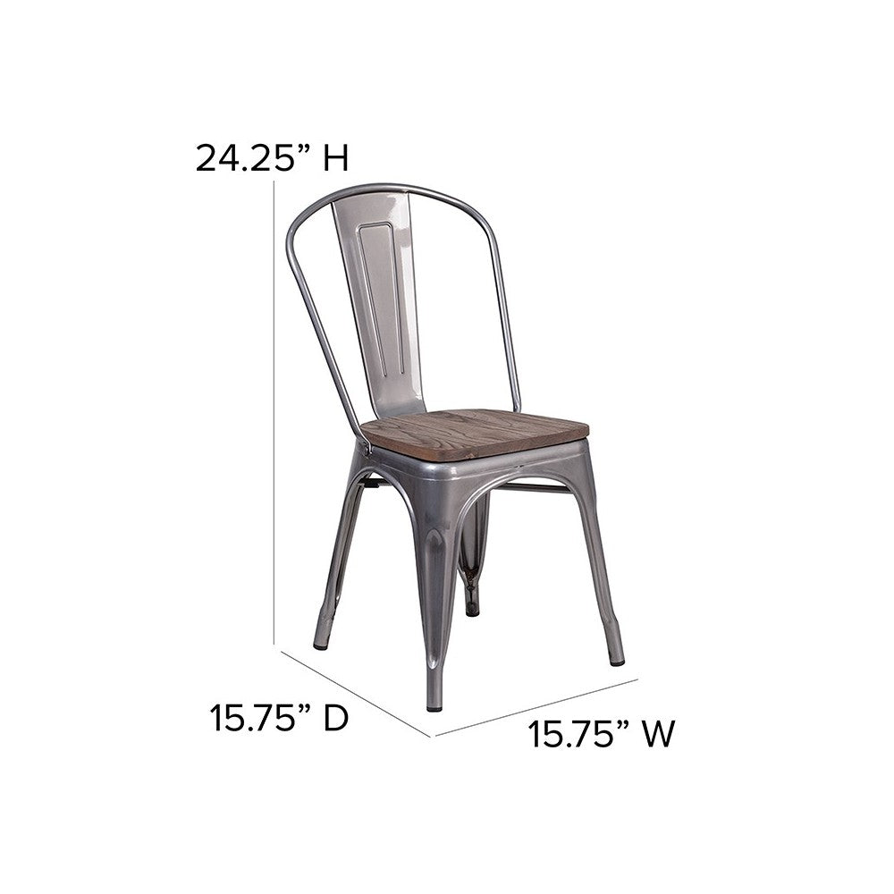 Clear Coated Metal Stackable Chair with Wood Seat