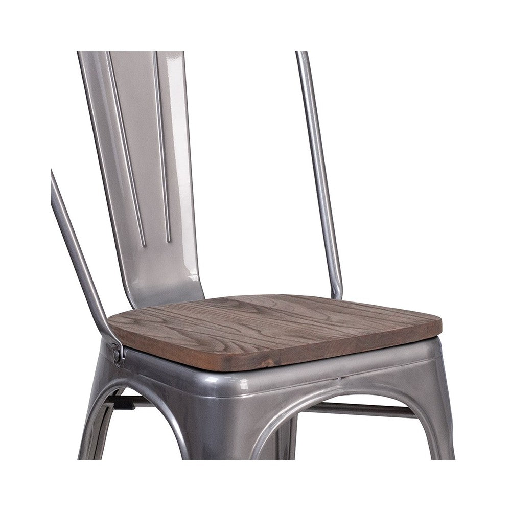 Clear Coated Metal Stackable Chair with Wood Seat