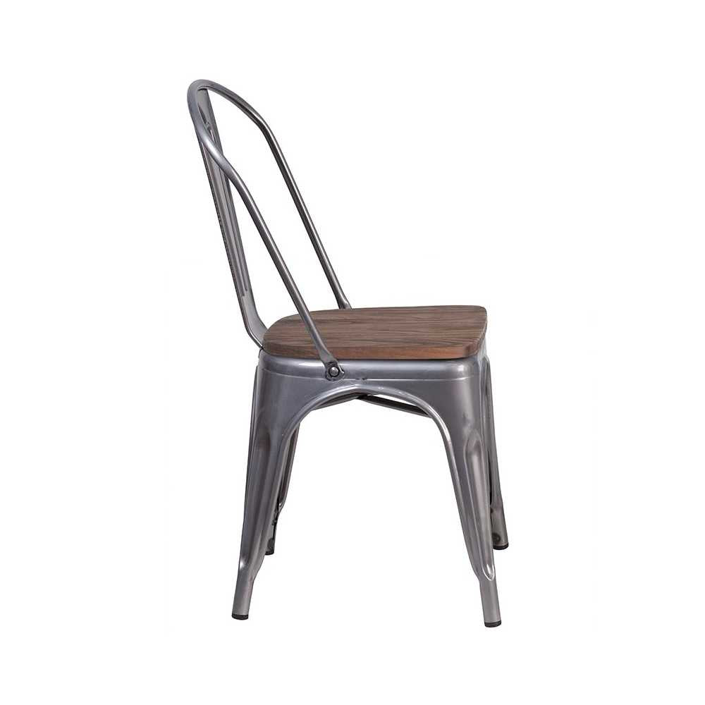 Clear Coated Metal Stackable Chair with Wood Seat