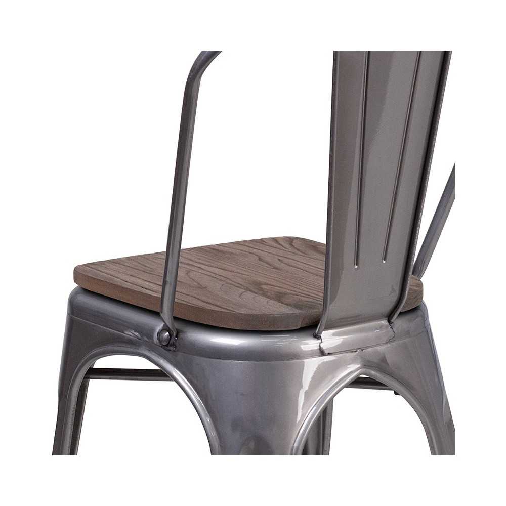 Clear Coated Metal Stackable Chair with Wood Seat