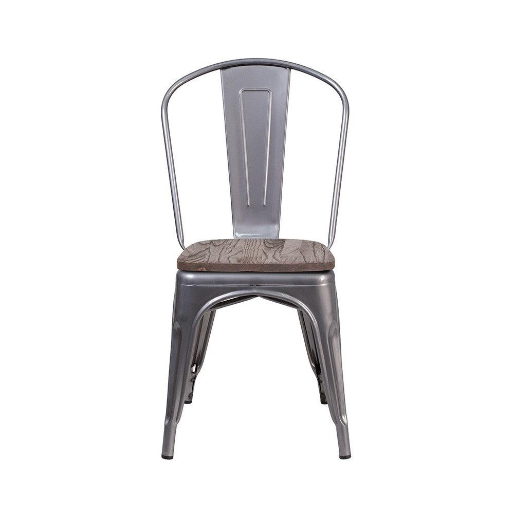 Clear Coated Metal Stackable Chair with Wood Seat