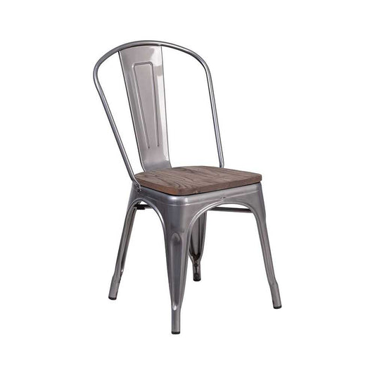 Clear Coated Metal Stackable Chair with Wood Seat