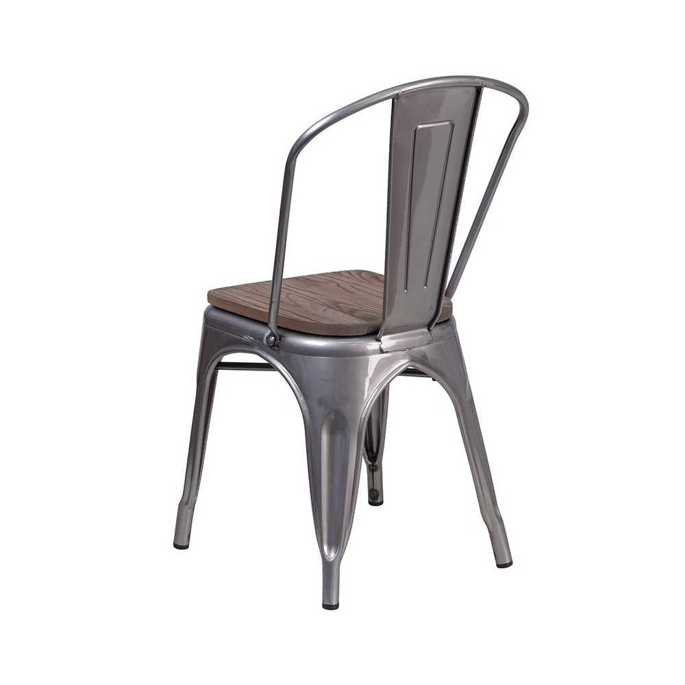 Clear Coated Metal Stackable Chair with Wood Seat