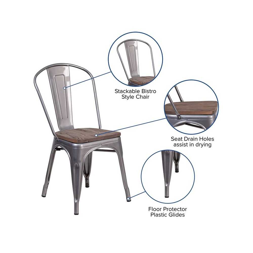 Clear Coated Metal Stackable Chair with Wood Seat
