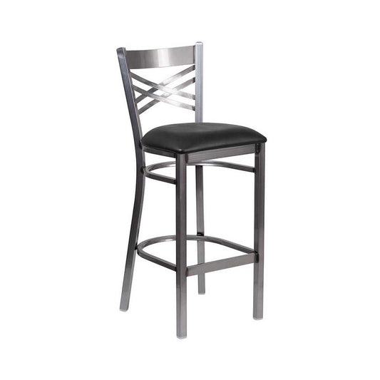 Clear Coated ''X'' Back Metal Restaurant Barstool - Black Vinyl Seat