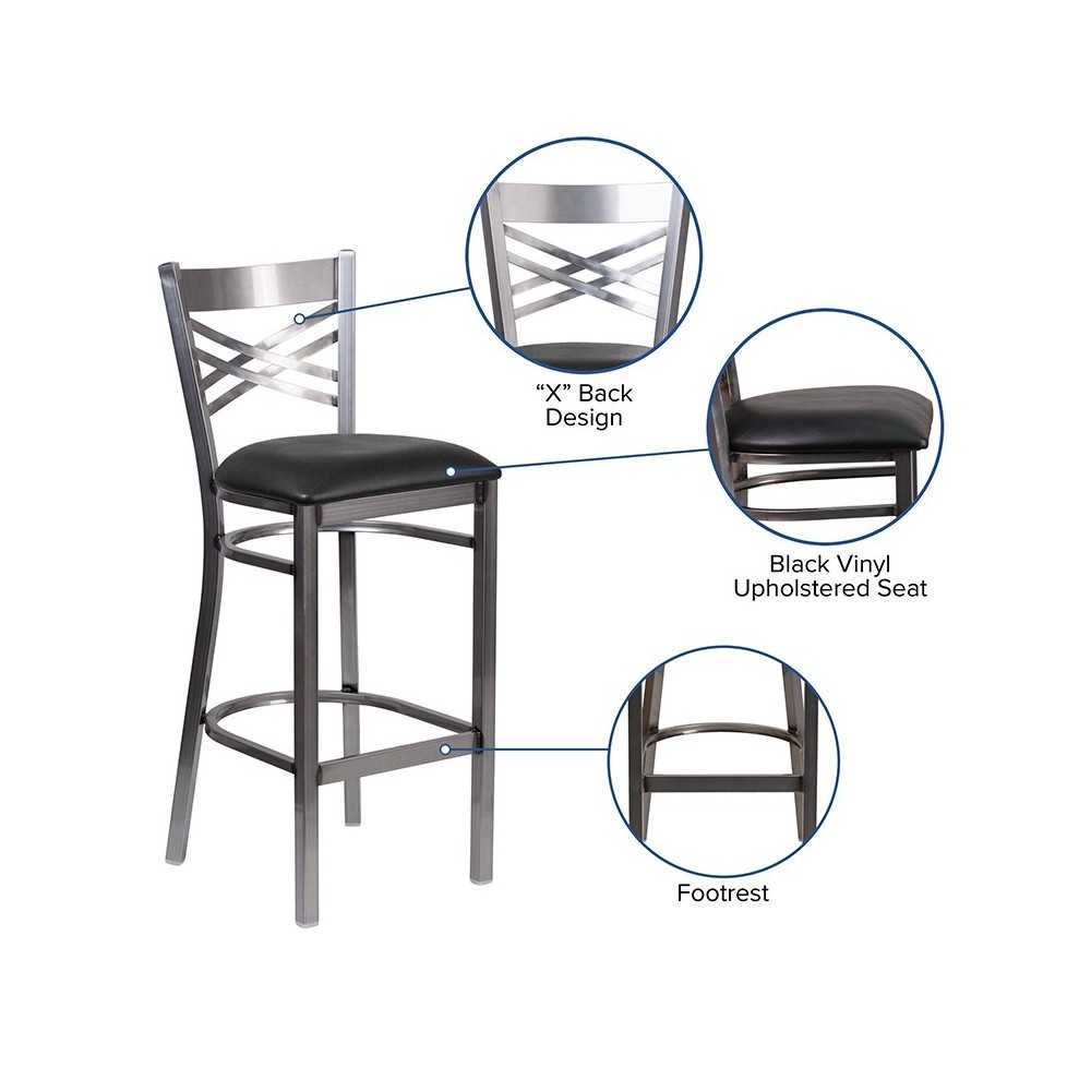 Clear Coated ''X'' Back Metal Restaurant Barstool - Black Vinyl Seat