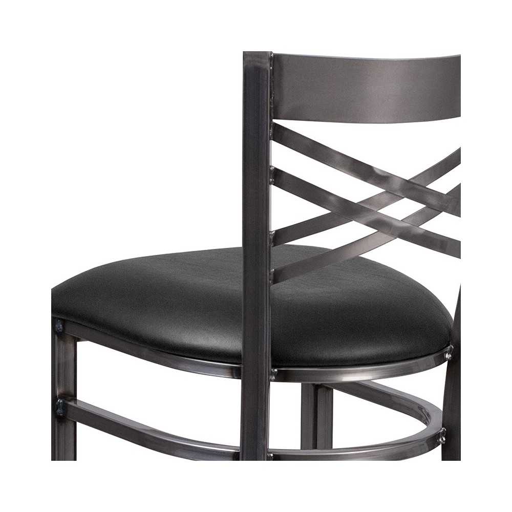 Clear Coated ''X'' Back Metal Restaurant Barstool - Black Vinyl Seat