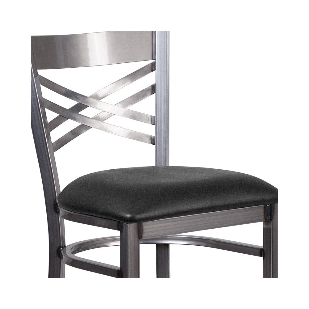 Clear Coated ''X'' Back Metal Restaurant Barstool - Black Vinyl Seat