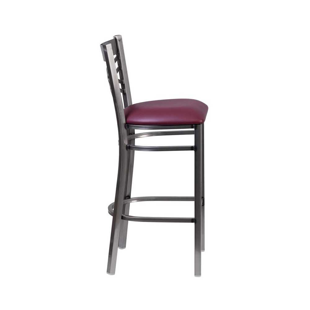 Clear Coated ''X'' Back Metal Restaurant Barstool - Burgundy Vinyl Seat