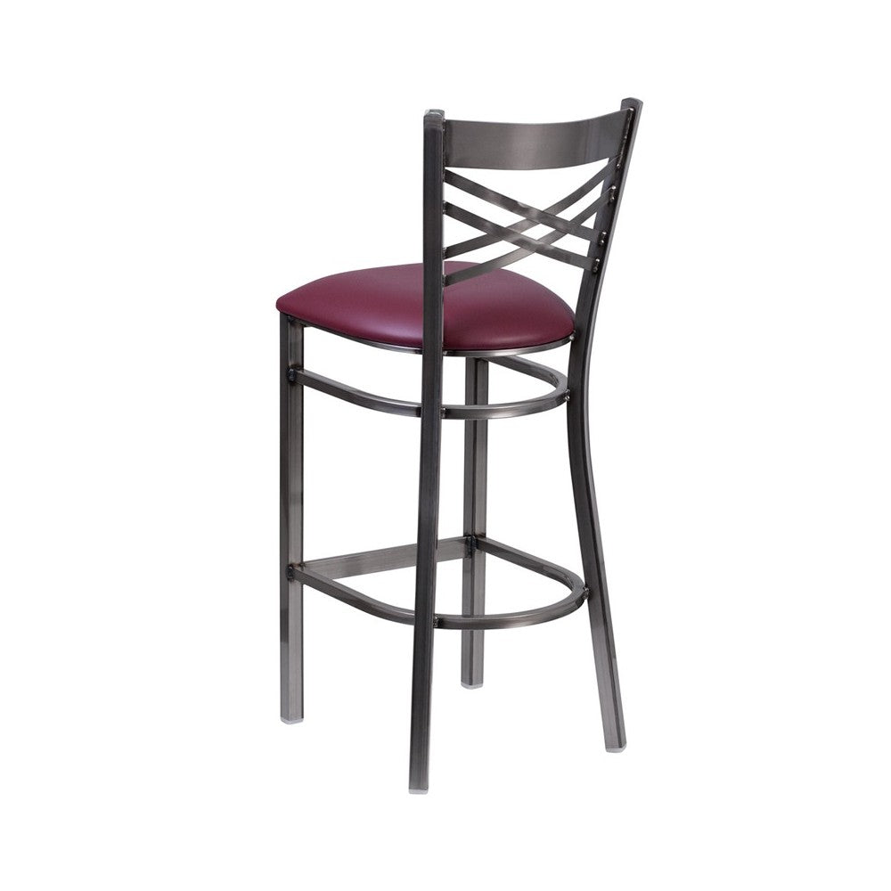 Clear Coated ''X'' Back Metal Restaurant Barstool - Burgundy Vinyl Seat