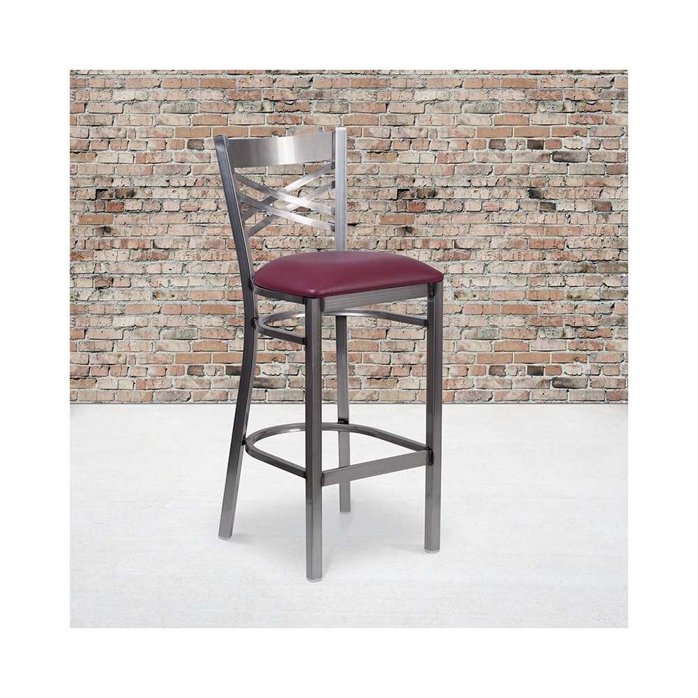 Clear Coated ''X'' Back Metal Restaurant Barstool - Burgundy Vinyl Seat