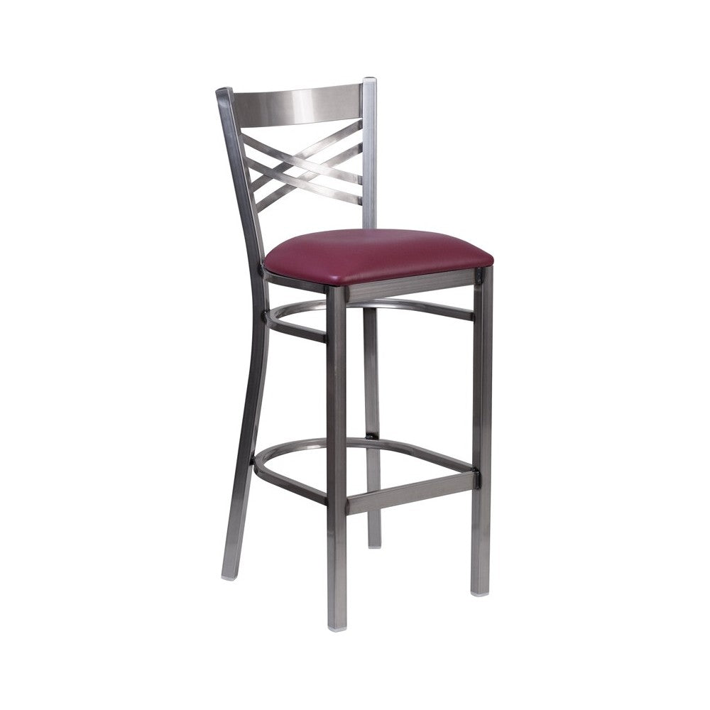 Clear Coated ''X'' Back Metal Restaurant Barstool - Burgundy Vinyl Seat