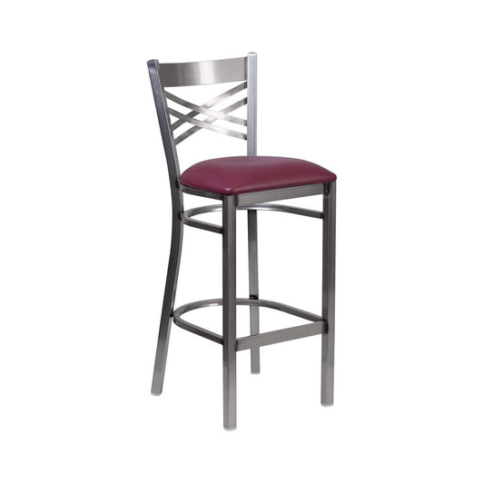 Clear Coated ''X'' Back Metal Restaurant Barstool - Burgundy Vinyl Seat