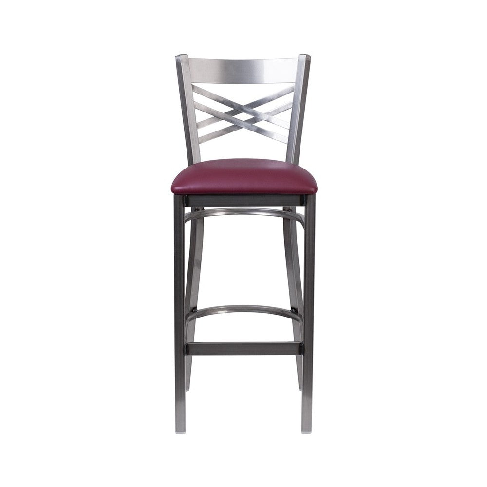 Clear Coated ''X'' Back Metal Restaurant Barstool - Burgundy Vinyl Seat