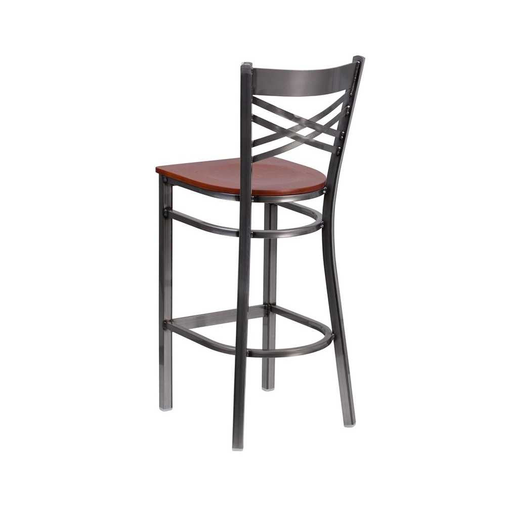 Clear Coated ''X'' Back Metal Restaurant Barstool - Cherry Wood Seat