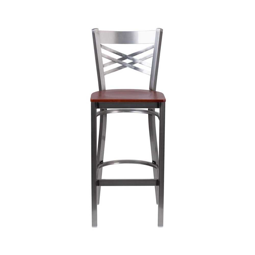 Clear Coated ''X'' Back Metal Restaurant Barstool - Cherry Wood Seat