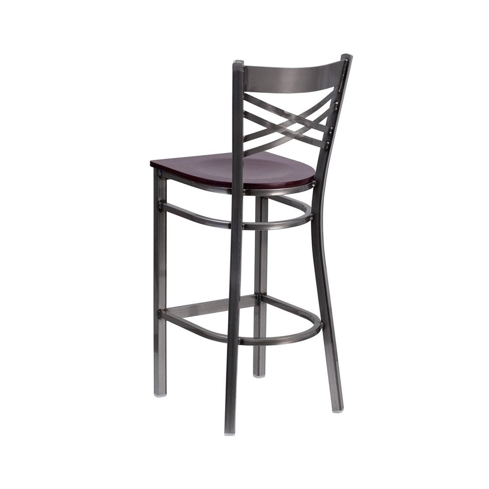 Clear Coated ''X'' Back Metal Restaurant Barstool - Mahogany Wood Seat