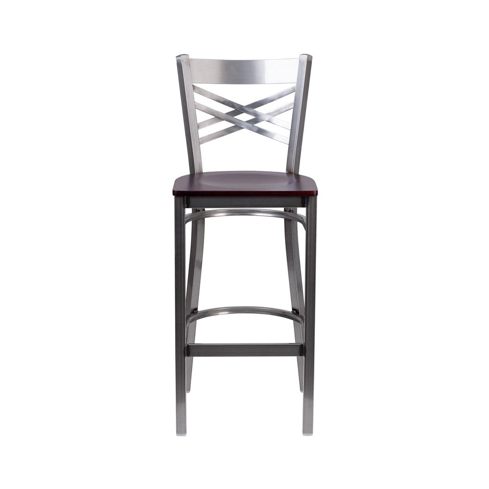 Clear Coated ''X'' Back Metal Restaurant Barstool - Mahogany Wood Seat