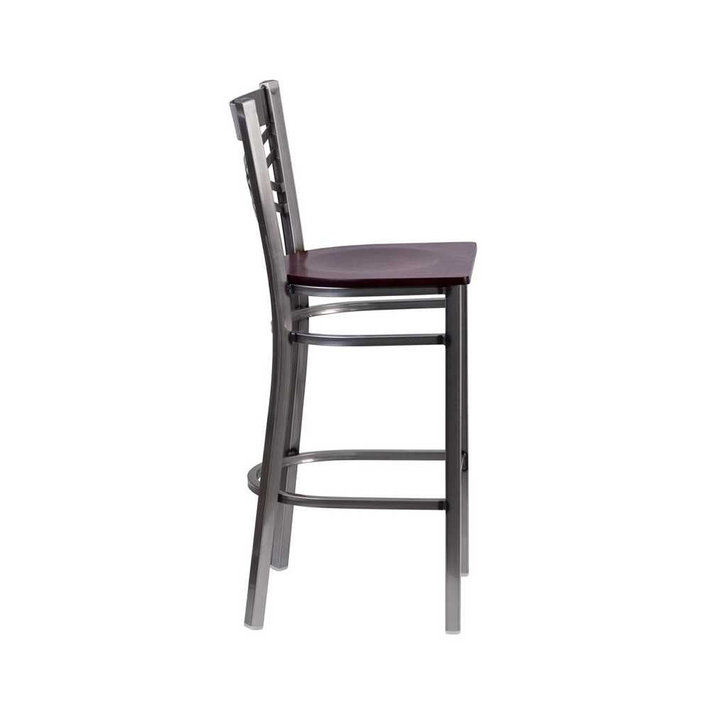 Clear Coated ''X'' Back Metal Restaurant Barstool - Mahogany Wood Seat