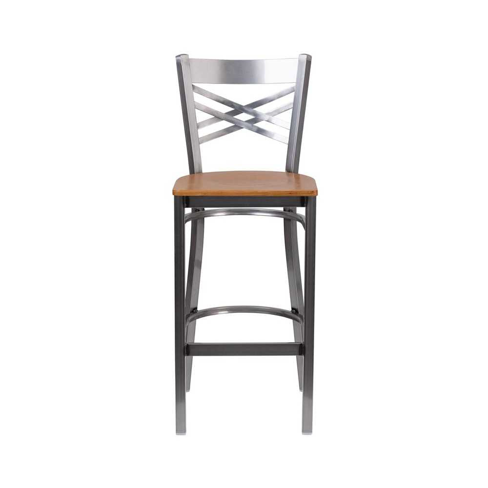 Clear Coated ''X'' Back Metal Restaurant Barstool - Natural Wood Seat