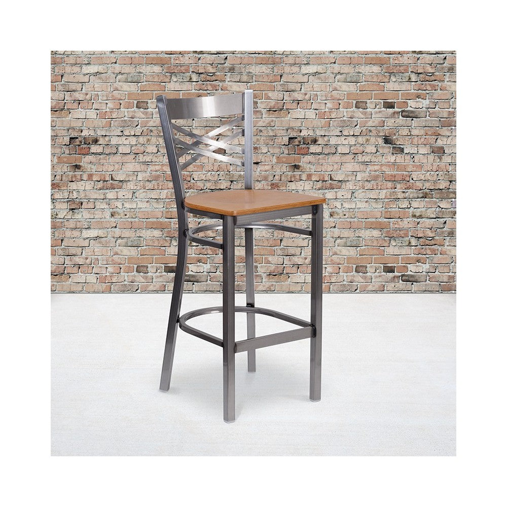 Clear Coated ''X'' Back Metal Restaurant Barstool - Natural Wood Seat
