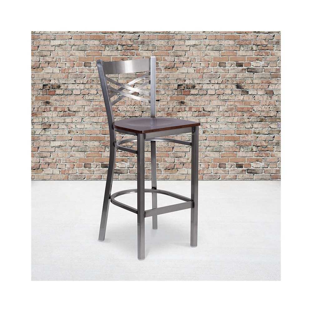 Clear Coated ''X'' Back Metal Restaurant Barstool - Walnut Wood Seat