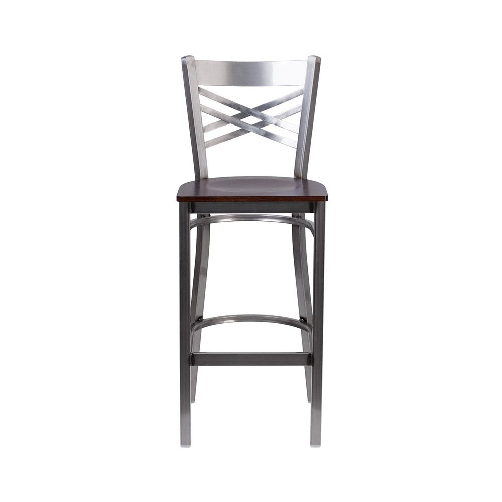 Clear Coated ''X'' Back Metal Restaurant Barstool - Walnut Wood Seat