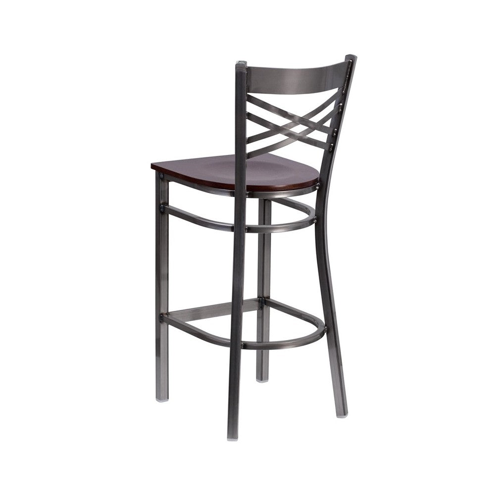 Clear Coated ''X'' Back Metal Restaurant Barstool - Walnut Wood Seat